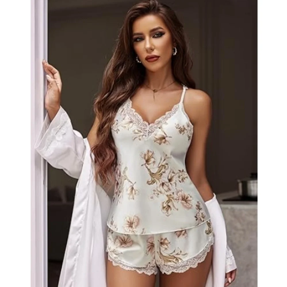 Nightwear Satin Pajamas Set Sleepwear Womens Sexy Lingerie Floral White